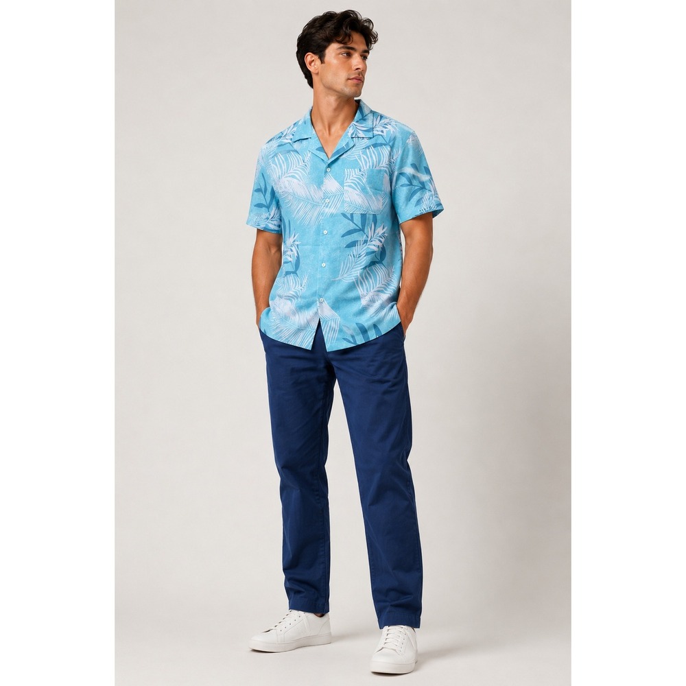 Unbranded Hawaiian Shirt Men Size L Blue Tropical Palm Leaf Collar Button Up